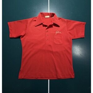 Vintage 1970s King Louie Double Knit Chain Stitch Bowling Shirt Men's Medium Red